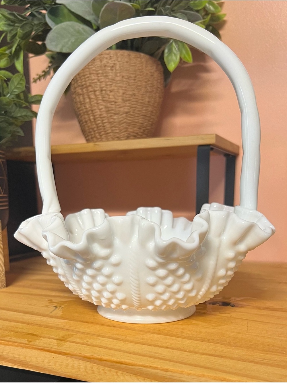 Vintage Fenton White Hobnail Milk Glass Basket